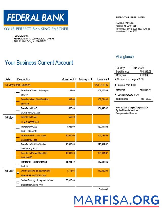 Blank Federal Bank company account statement Word and PDF template
